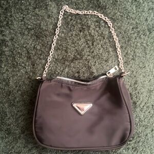 black nylon shoulder bag with silver chain
